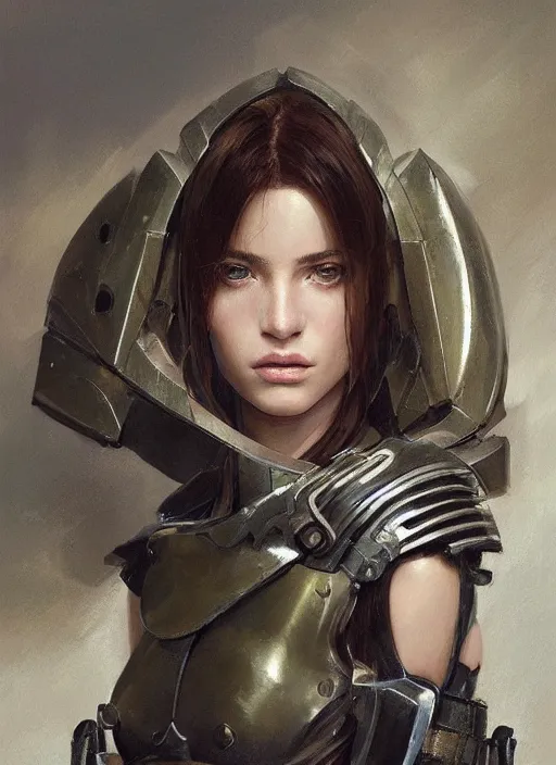 Image similar to a professional painting of a beautiful young female, clothed in military armor, olive skin, long dark hair, beautiful bone structure, symmetrical facial features, intricate, elegant, digital painting, concept art, smooth, sharp focus, illustration, from Metal Gear, by Ruan Jia and Mandy Jurgens and Artgerm and William-Adolphe Bouguerea