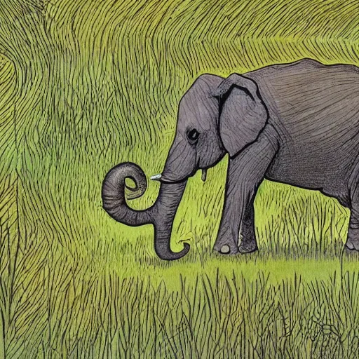 Image similar to an elephant on a green meadow drawn by Sam Bosma