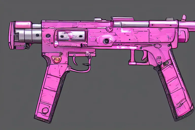 Prompt: a girl's gun made with pink fur, cyberpunk, fashion style, hyperdetailed, artstation