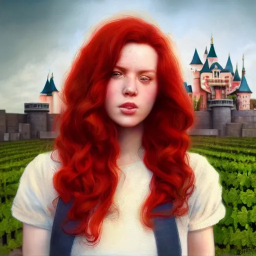 Image similar to red hair girl, chernobyl powerplant, disneyland castle, rubble, flowers, vines, hyperrealistic, highly detailed, cinematic, single ray of golden sunlight, beautiful, cgssociety, artstation, 8 k, oil painting by greg rutkowski, by artgerm, by wlop