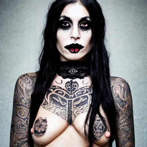 Image similar to a portrait of a goth female with maori tattoos and a lace choker, dark eyes, dark hair, olive skin, depth of field, zeiss lens, detailed, centered, artstation, fashion photoshoot, by Annie Leibovitz and Steve McCurry, David Lazar, Jimmy Nelsson, Breathtaking, 8k resolution, extremely detailed, beautiful, establishing shot, artistic, hyperrealistic, beautiful face, octane render