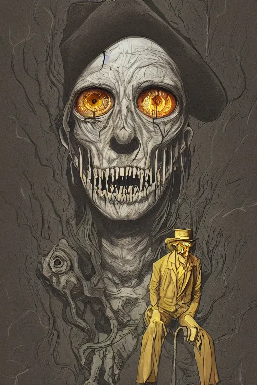 Image similar to the man in the yellow hat in sleepy hollow, full body, big two toned eyes, teeth gritted, horror, intricate details, cinematic, epic, realistic, anatomy, tomer hanuka, uplight, artstation, photorealistic, scary