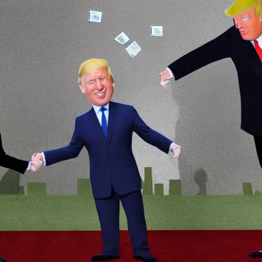 Image similar to boris johnson and vladimir putin and donald trump holding hands, raining dollars, 4 k, dslr photo, realistic, accurate