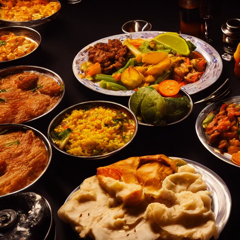 Prompt: close - up focused dslr photograph of an angolan dinner, 8 k, high detail, volumetric lighting, hyperrealism, aesthetically pleasing, studio lighting, trending