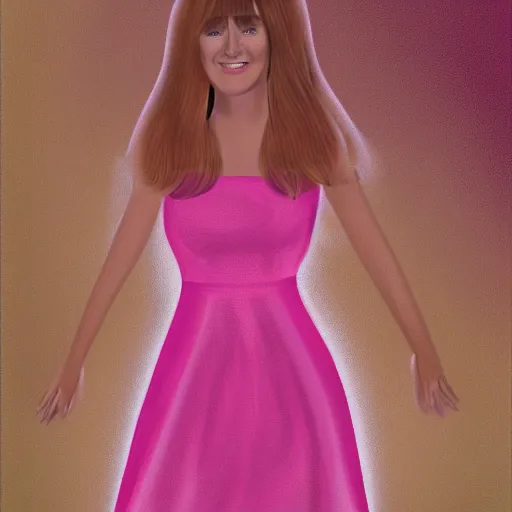 Prompt: digital art portrait of a happy woman with bangs and blonde hair wearing a pink dress