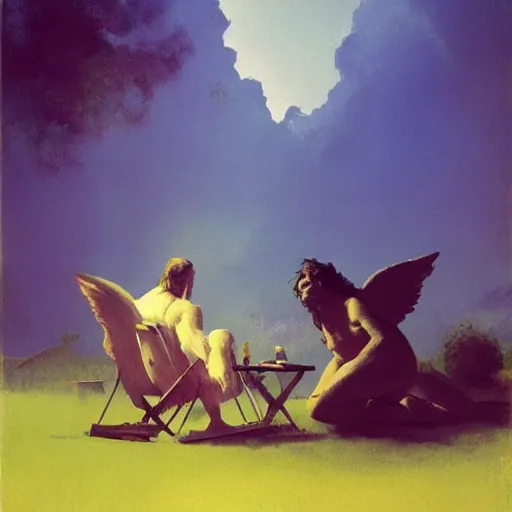 Prompt: an Angel and a demon sitting on lawn chairs having a conversation across from each other in an other wise empty black void. John Harris. Frazetta. Sylvain Sarrailh