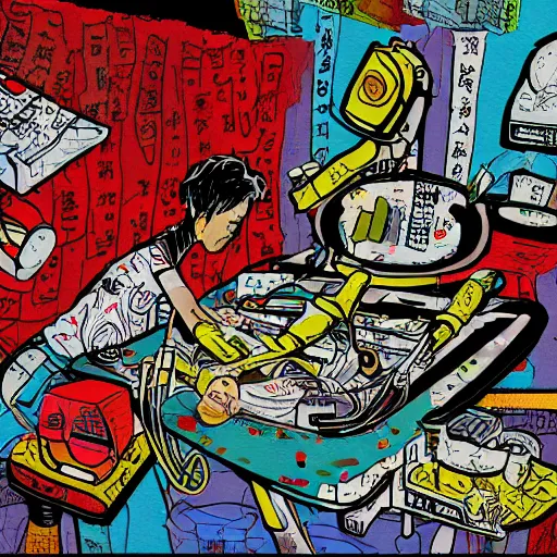 Image similar to surgery operating table, in the style of daniel johnston and outsider art, 8 k, line brush, overlaid with chinese adverts