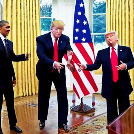 Image similar to putin, trump, obama and bush having a lightsaber battle and smiling