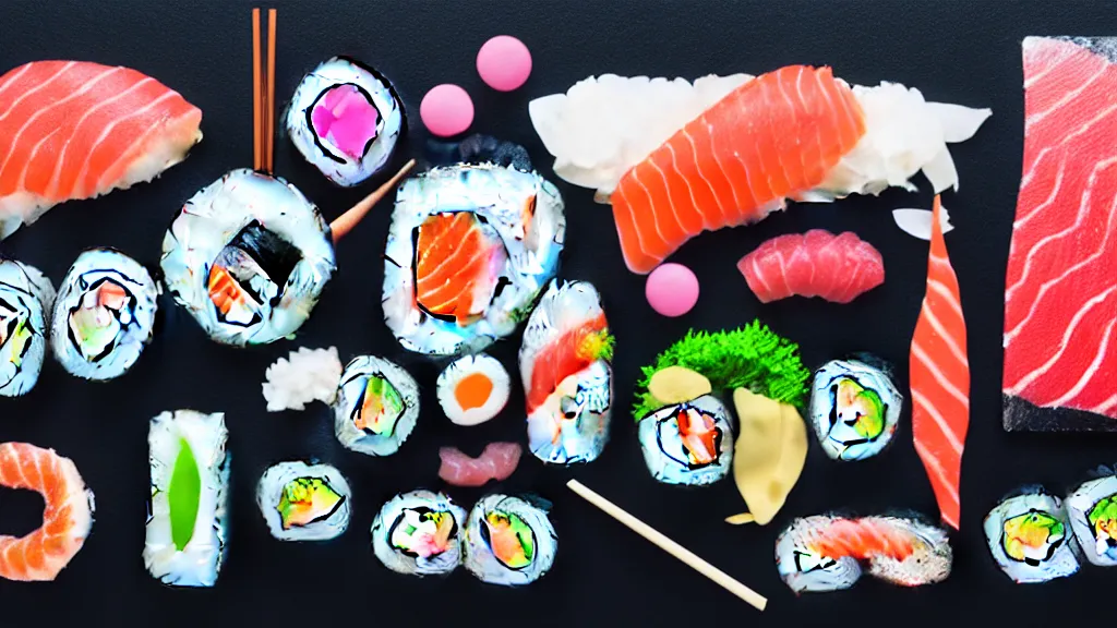 Image similar to a selection of single sushi platters, several items in an array, japan, a collage painting, in the style of wes anderson, lola dupre, david hockney, isolated on negative white space background dark monochrome neon spraypaint accents volumetric octane render