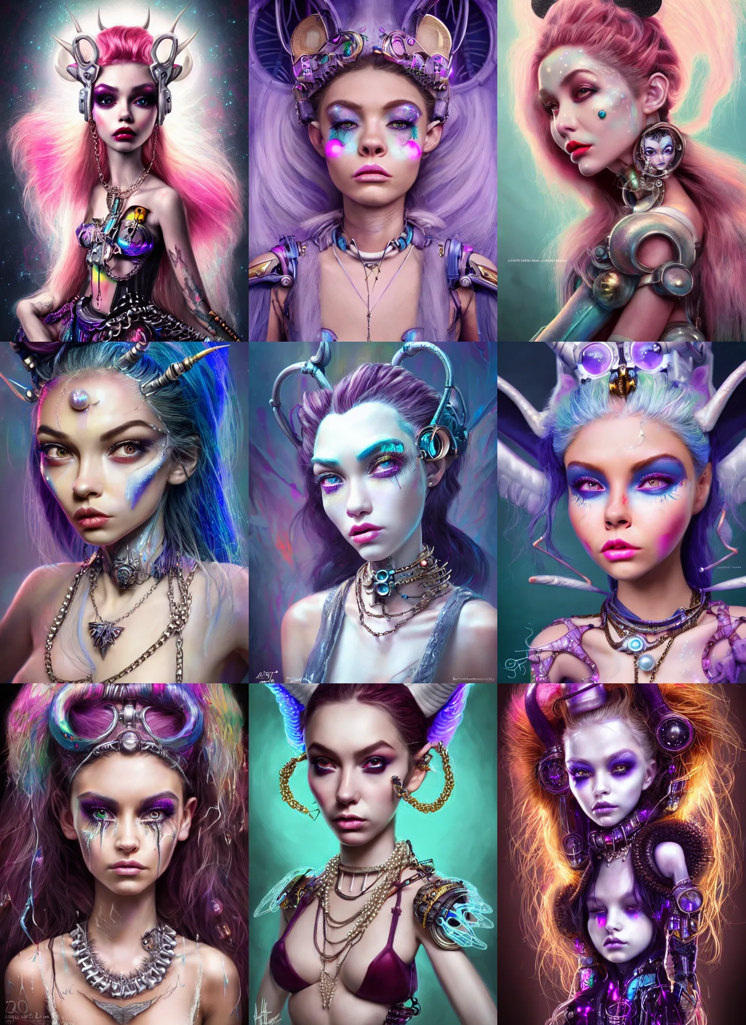 Prompt: disney weta portrait, beautiful porcelain white edm raver clowncore pearl chain horned angel madison beer cyborg woman, rapper jewelry, sci - fi, fantasy, cyberpunk, intricate, decadent, highly detailed, digital painting, ever after high, octane render, artstation, concept art, smooth, sharp focus, illustration, art by artgerm, loish, wlop