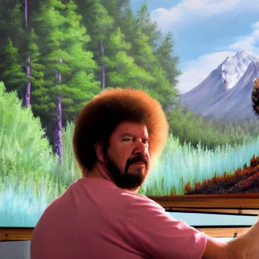 Prompt: a closeup photorealistic photograph of bob ross placing the finishing touches on a canvas painting of kenny powers. mountains and trees. film still. brightly lit scene. this 4 k hd image is trending on artstation, featured on behance, well - rendered, extra crisp, features intricate detail, epic composition and the style of unreal engine.