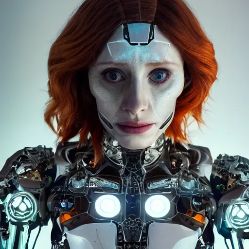 Prompt: beautiful centered Fine art photo portrait of mysterious Bryce Dallas Howard as a solarpunk robotic humanoid, white mechanical parts with led lights, photorealistic, white background, highly detailed and intricate, sunset lighting, HDR 8k