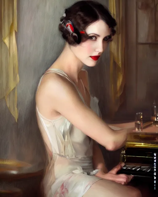 Image similar to daniel gerhartz and artgerm portrait digital realist painting of a 1 9 2 0 s beautiful woman at a party in a mansion, mansion interior in the background, unreal engine, hyper realism, realistic shading, cinematic composition, realistic render, octane render, detailed textures, photorealistic, ultrawide shot, 3 5 mm film