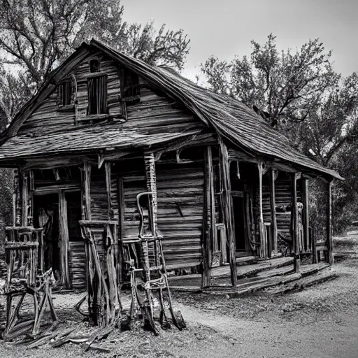 Image similar to old west ghost town, skeletal remains, eerie