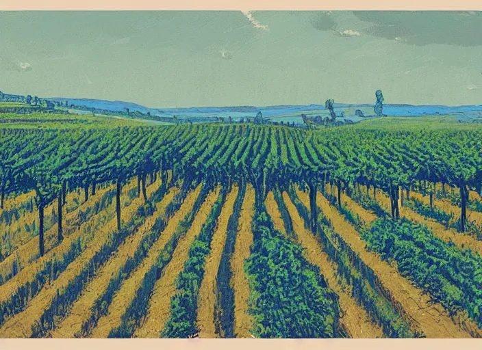 Image similar to blue woodcut vineyard landscape by greg rutkowski, fine details, highly detailed