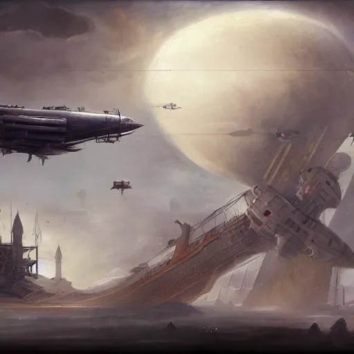 Prompt: a brutalist painting of a large steampunk airship fighting another airship in the sky, by charlie bowater, 4 k