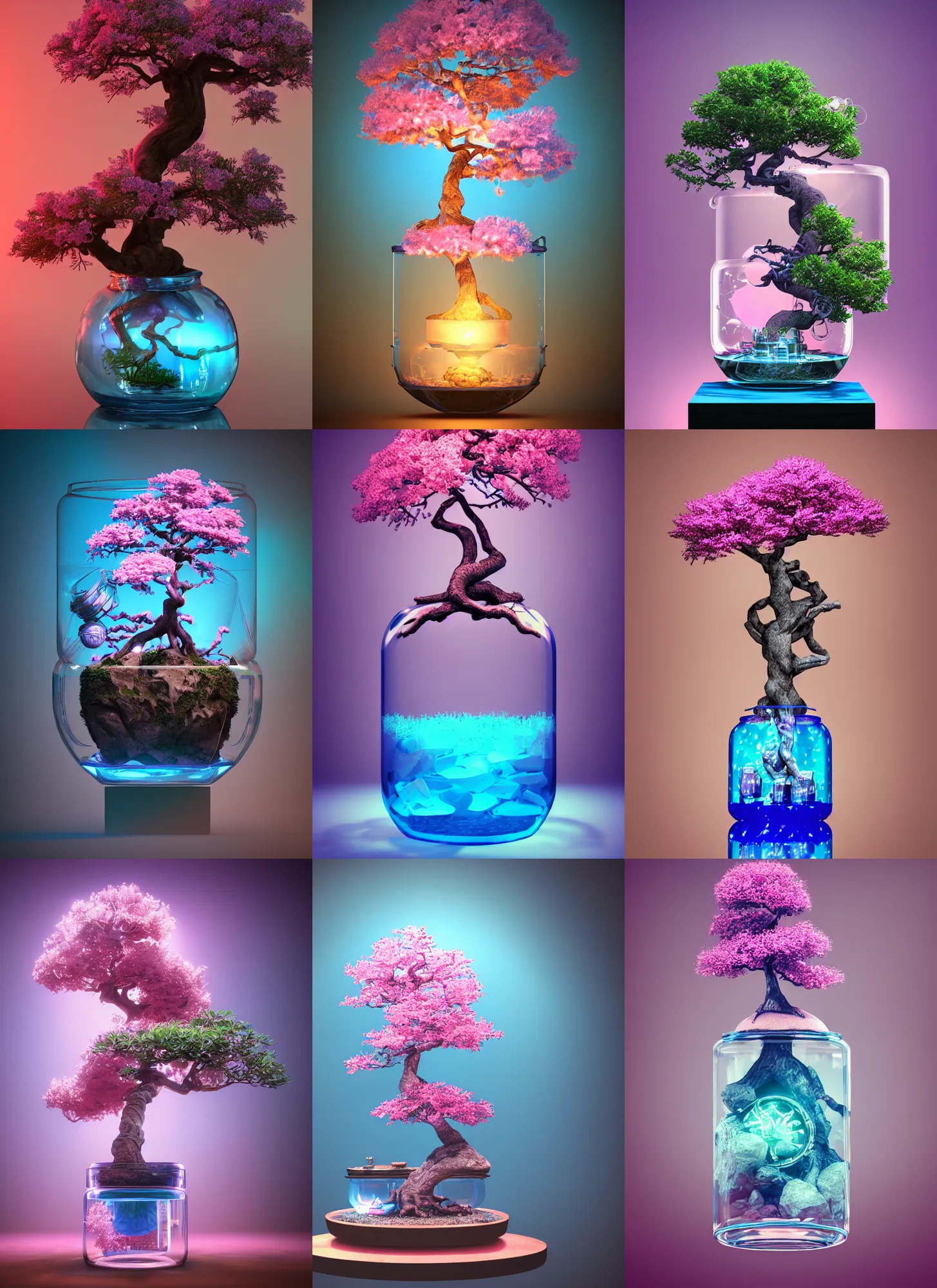 Prompt: pink and blue bonsai tree inside a steampunk glass jar, intricate detail, volumetric lighting, epic composition, hyper detailed, ultra realistic, sharp focus, octane render, volumetric, ray tracing, artstation trending, cgsociety, sense of awe, 4 k