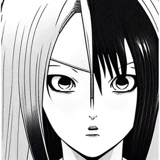 Image similar to alita by yukito kishiro. medium shot. black and white manga. pencil drawing. high detailed face