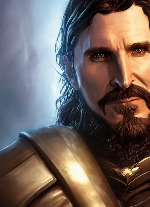 Prompt: A fantasy comic book style portrait painting of Christian Bale as a cleric paladin, unreal 5, DAZ, hyperrealistic, octane render, RPG portrait, dynamic lighting