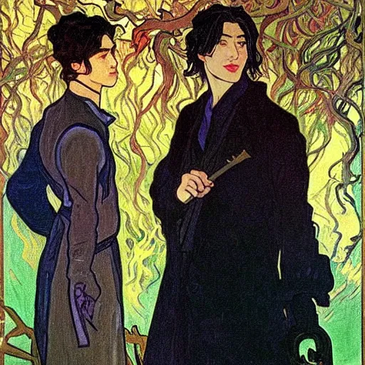 Prompt: painting of young cute handsome beautiful dark medium wavy hair man in his 2 0 s named shadow taehyung and cute handsome beautiful min - jun together at the halloween witchcraft ritual, bubbling cauldron, spells, autumn colors, elegant, modern clothing, soft facial features, delicate facial features, art by alphonse mucha, vincent van gogh, egon schiele