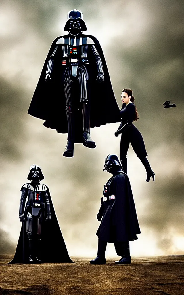 Image similar to darth vader and kristen stewart staying together in front of, on the background star destroyer landed on the wood ground in the twilight saga movie, shot from the twillight movie