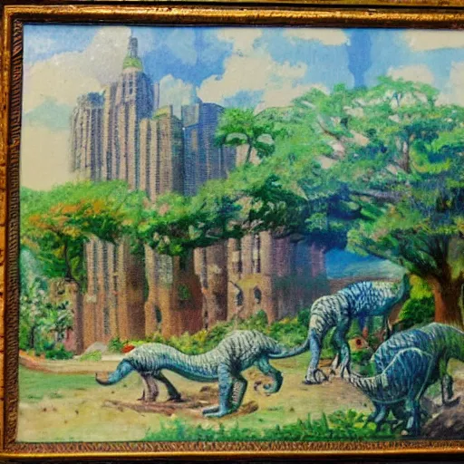 Image similar to impressionist painting of a utopian stone city with dinosaurs