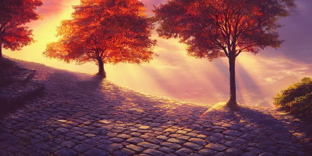 Prompt: a lonely cobblestone street with a tree on a cliff over the sea at sunset, brightly illuminated by rays of sun, artstation, colorful illustration by Scotty Reifsnyder