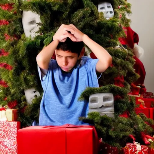 Image similar to a kid at christmas disappointed and sad that his present was a giant moai statue, his hands buried in his face | inside of a house next to a christmas tree, large present in the back