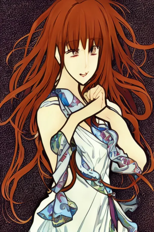 Image similar to Smiling Kurisu Makise tonemapped in the style of Ayami Kojima and Alphonse Mucha