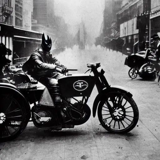 Image similar to old black and white photo, 1 9 1 3, depicting batman on a motorcycle from dark knight racing through the bustling streets of new york city, rule of thirds, three - point perspective, historical record