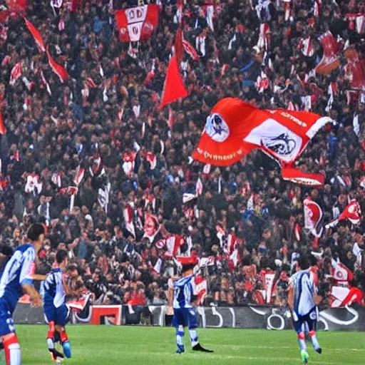 Image similar to war between benfica fans and FC Porto fans, dramatic cinematic war scene