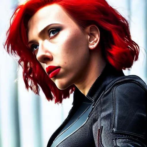 Image similar to close - up photo still of scarlett johansson black widow looking off into the distance, long red hair, black dress, golden hour, photorealistic, ultra detailed, intricate, natural light falling on her face. the focus is on her eyes and brows, fujifilm x - pro 2, by annie leibowitz