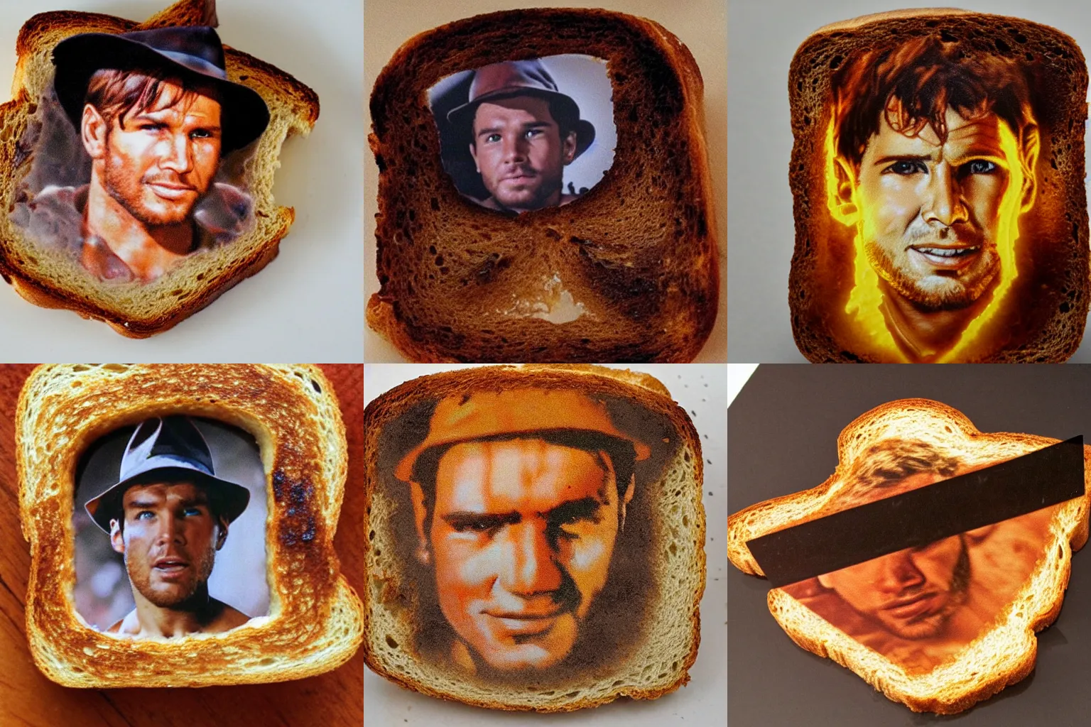 Prompt: a piece of toast with the image of young male indiana jones burnt into the side, photo quality, highly detailed