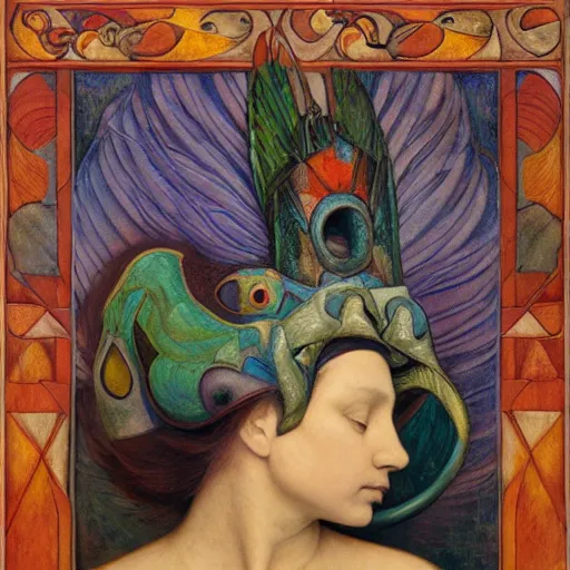 Image similar to the dawn queen with her bird mask, by annie swynnerton and diego rivera and elihu vedder, symbolist, dramatic lighting, elaborate geometric ornament, art brut, soft cool colors, smooth, sharp focus, extremely detailed, leo and diane dillon