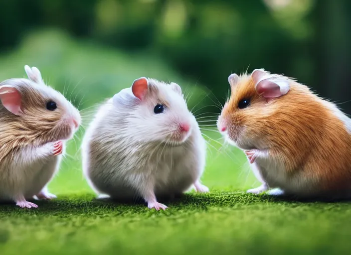 Image similar to photo of a hamsters walking in a park, cinematic color grading, various poses, soft light, faded colors, well framed, sharp focus, 8 k