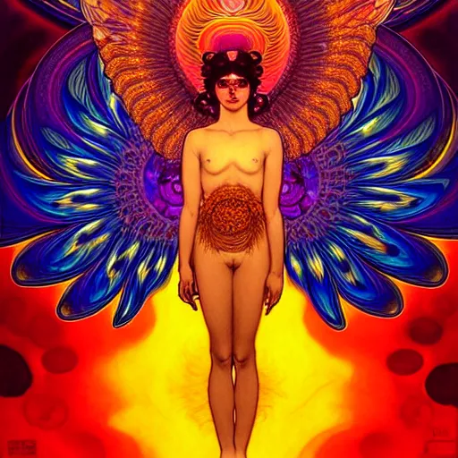 Image similar to psychedelic transcendent bodhisattva mind bending psychedelic wings of glossy liquid honey flowing like kaleidoscopic translucent amber, lsd feathers, honey wind, enlightenment, high contrast lighting, refracted sunset, highly detailed, concept art, art by collier, albert aublet, krenz cushart, artem demura, alphonse mucha