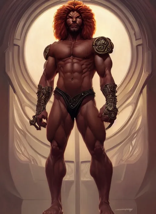 Prompt: symmetry! portrait of lion - o, d & d, muscular! fantasy, intricate, elegant, highly detailed, digital painting, artstation, concept art, smooth, sharp focus, illustration, art by artgerm and greg rutkowski and alphonse mucha