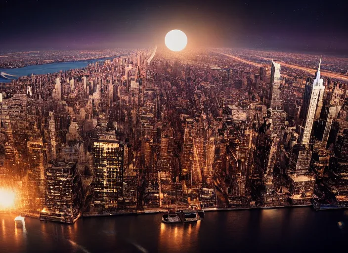 Image similar to film still of the moon breaking into pieces over manhatten in the new disaster movie, 8 k, night time