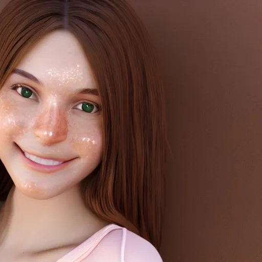 Prompt: Render of April, a cute 3D young woman, long shiny bronze brown hair, full round face, green eyes, medium skin tone, light cute freckles, light blush, smiling softly, wearing casual clothing, interior lighting, cozy living room background, medium shot, mid-shot, hyperdetailed, hyperreal, trending on Artstation, Unreal Engine, 4k