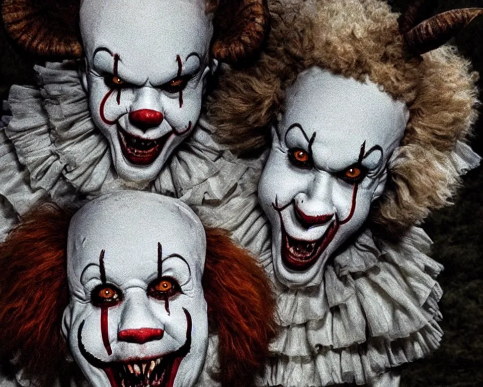 Prompt: a horror movie poster featuring demonic sheep and pennywise