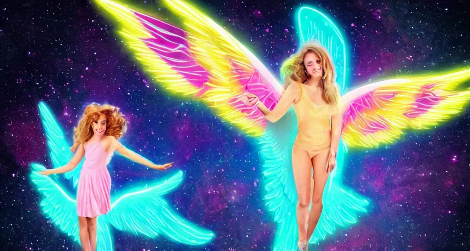 Image similar to a beautiful angel floating in space with neon wings