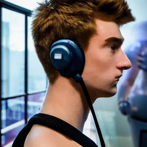 Prompt: “a realistic detailed photo of a guy who is an attractive humanoid who is half robot and half humanoid, who is a male android, twitch streamer Ninja Tyler Blevins, shiny skin, posing like a statue, blank stare, gaming room, close up”