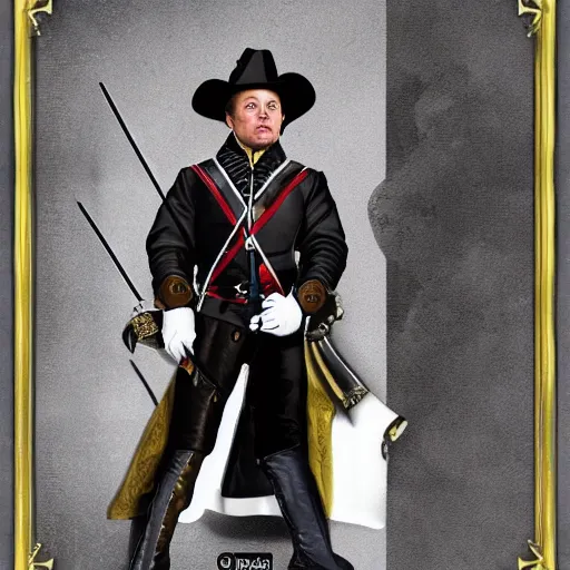 Prompt: elon musk as a musketeer, he has a big black hat and holds a shiny sword, digital art