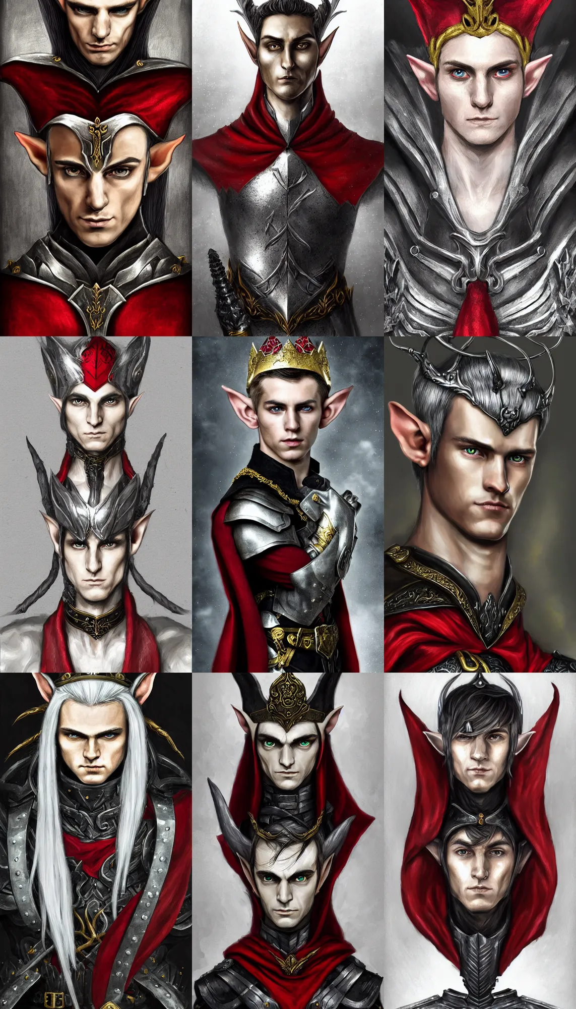 Prompt: A portrait of an elf, he is about 20 years old | short, silver hair | red eyes, lean and muscular, attractive, military composure, royalty, smug look | he is wearing a black metal tiara, black heavy armor with gold plating, and a red cape | highly detailed portrait, digital painting, concept art, illustration, smooth, sharp focus, ArtStation, ArtStation HQ
