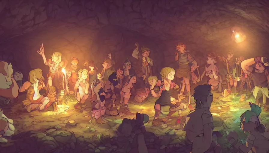 Image similar to stone age rave in a cave, torchlight, serene evening atmosphere, soft lens, soft light, cel - shading, animation, in the style of cgsociety, deviantart, artstation, zbrush, cinema 4 d, studio ghibli, akihiko yoshida, atelier lulua, masamune shirow