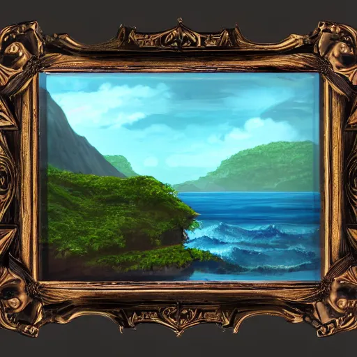 Prompt: An ocean scene with a small island in the distance, realistic, digitally painted, no blur, award winning, concept art, by Alayna Danner