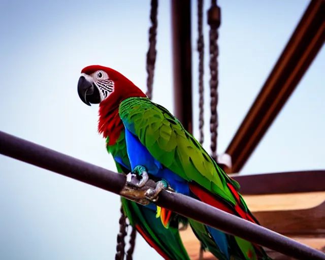 Image similar to low angle photo of a parrot on a pirate ship, rule of thirds, depth of field