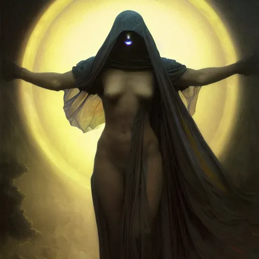 Image similar to awe-inspiring award-winning concept art painting of attractive figure in black shrouds called the ghost of the moonbow queen, rainbow, by Michael Whelan, William Adolphe Bouguereau, John Williams Waterhouse, and Donato Giancola, cyberpunk, extremely moody lighting, glowing light and shadow, atmospheric, shadowy, cinematic, 8K,