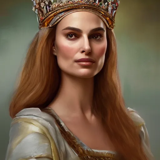 Image similar to a portrait of a woman who looks like a mix of natalie portman and margot robbie as an arabian princess in a disney movie, crown!! oil painting, pale colors, high detail, 8 k, wide angle, trending on artstation,