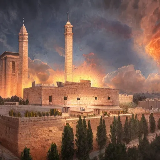 Image similar to a beautiful detailed and realistic matte painting of the ancient Temple of Jerusalem aflame